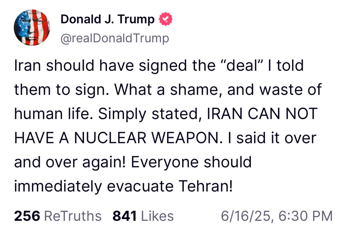 US President Donald Trump says, Everyone should immediately evacuate Tehran”