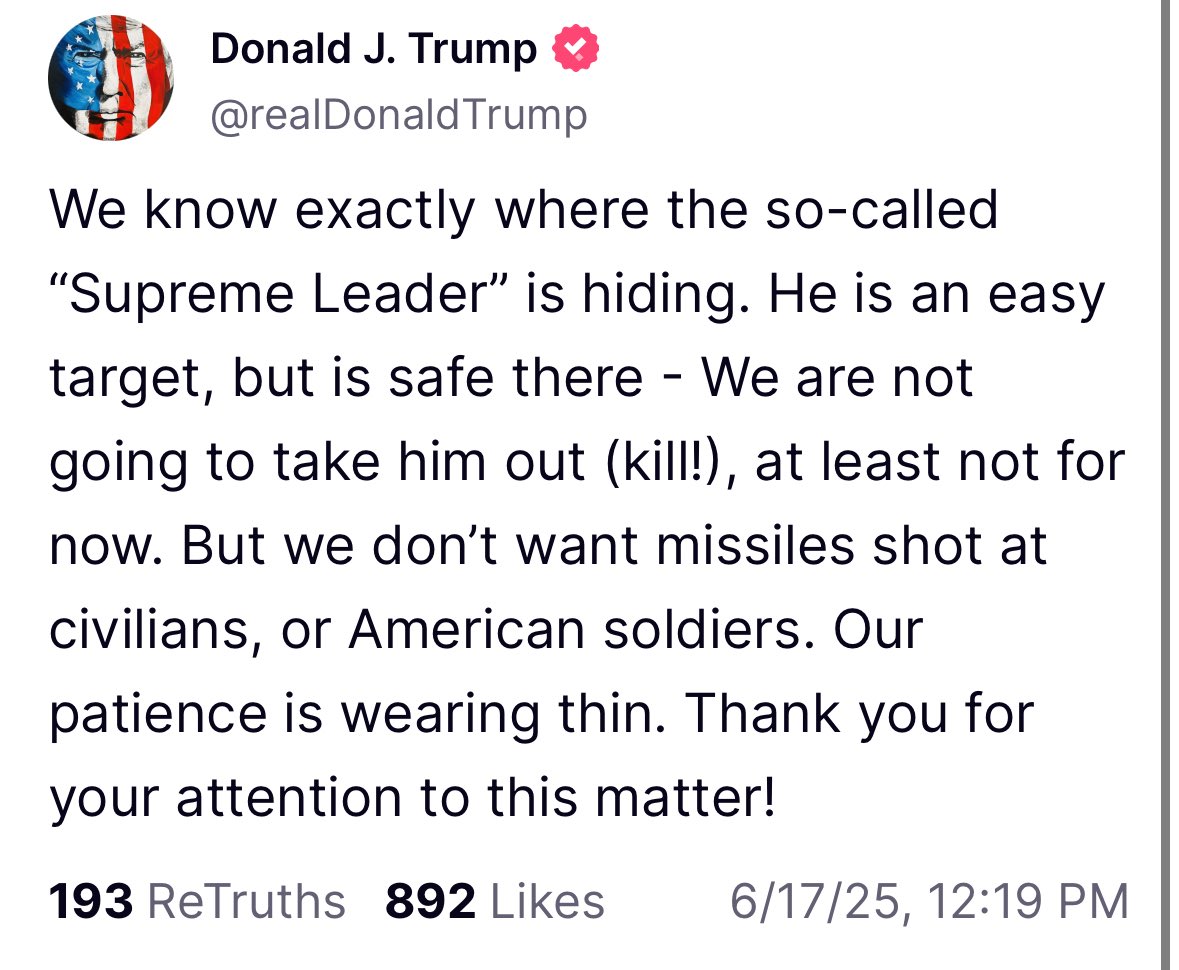 Trump: We know where Ali Khamenei is hiding but have no plans to kill him at least not for now