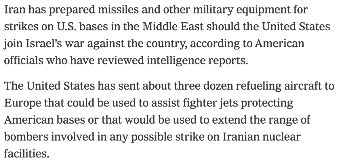 Iran has prepared missiles and military equipment for strikes on US bases in the Middle East if the US joins Israel’s war against the country, according to US officials - NYT