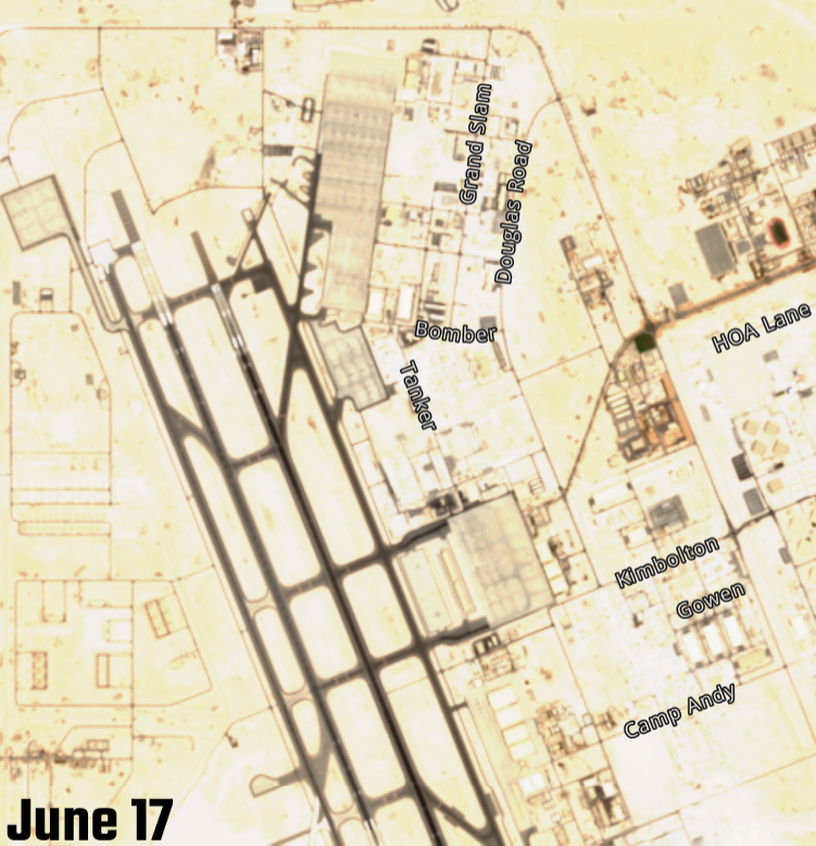 The evacuation of aircraft at Al Udeid airbase in Qatar is now visually confirmed. Satellite photography confirms the departure of all non-sheltered aircraft. The base is empty