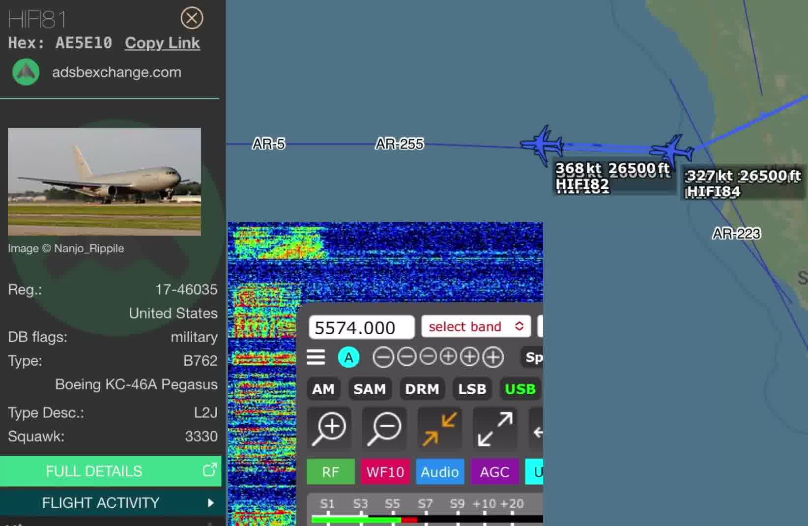 The B-2s have begun their oceanic crossing over the Pacific.  MYTEE 11 flt and MYTEE 21 flt wkg SAN FRANCISCO RADIO on HF this morning after refueling with HIFI 81 flt (KC-46) and HIFI 83 flt (KC-46) along the AR5 West High track off the coast of California