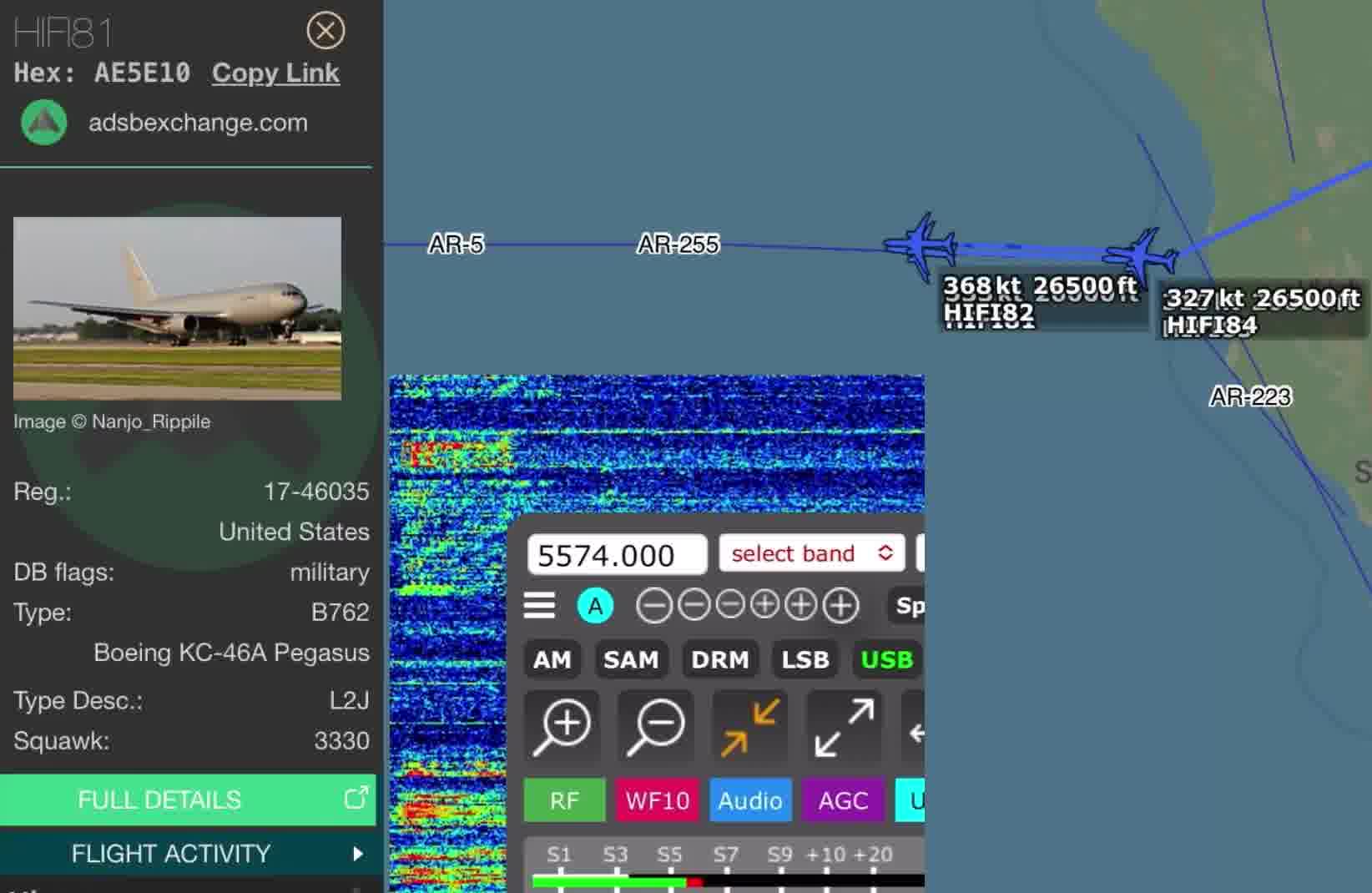 The B-2s have begun their oceanic crossing over the Pacific.  MYTEE 11 flt and MYTEE 21 flt wkg SAN FRANCISCO RADIO on HF this morning after refueling with HIFI 81 flt (KC-46) and HIFI 83 flt (KC-46) along the AR5 West High track off the coast of California