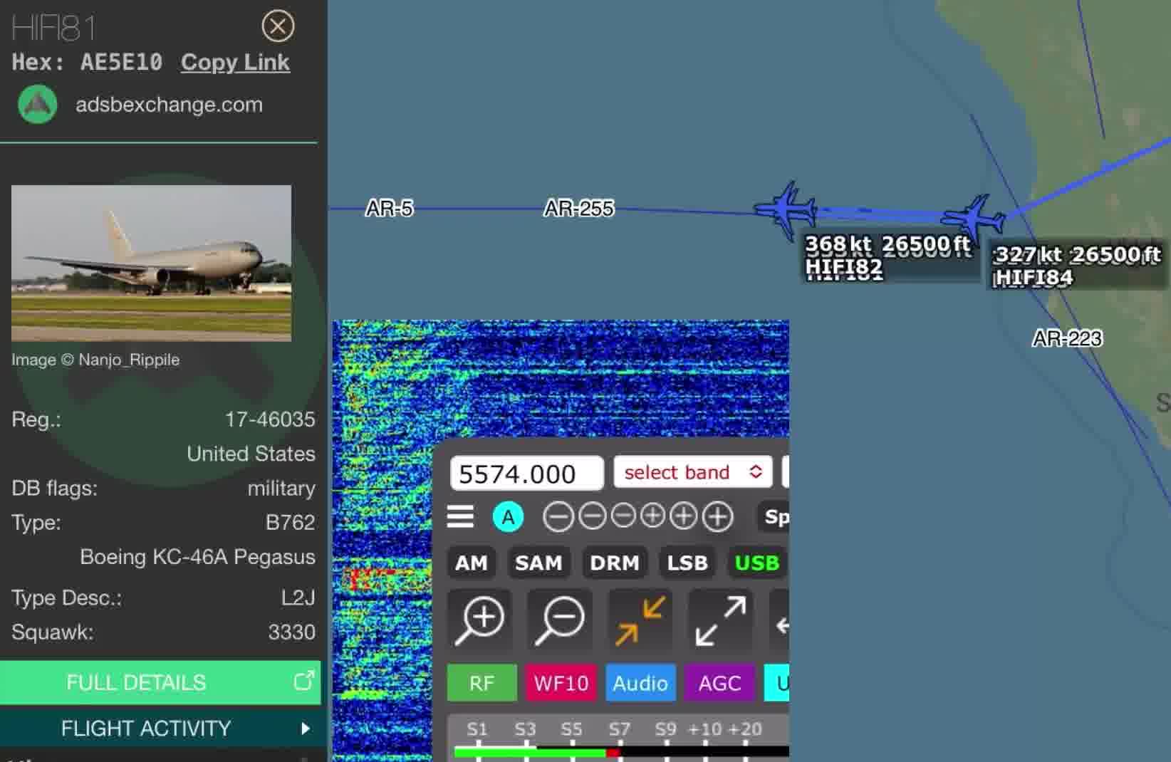 The B-2s have begun their oceanic crossing over the Pacific.  MYTEE 11 flt and MYTEE 21 flt wkg SAN FRANCISCO RADIO on HF this morning after refueling with HIFI 81 flt (KC-46) and HIFI 83 flt (KC-46) along the AR5 West High track off the coast of California