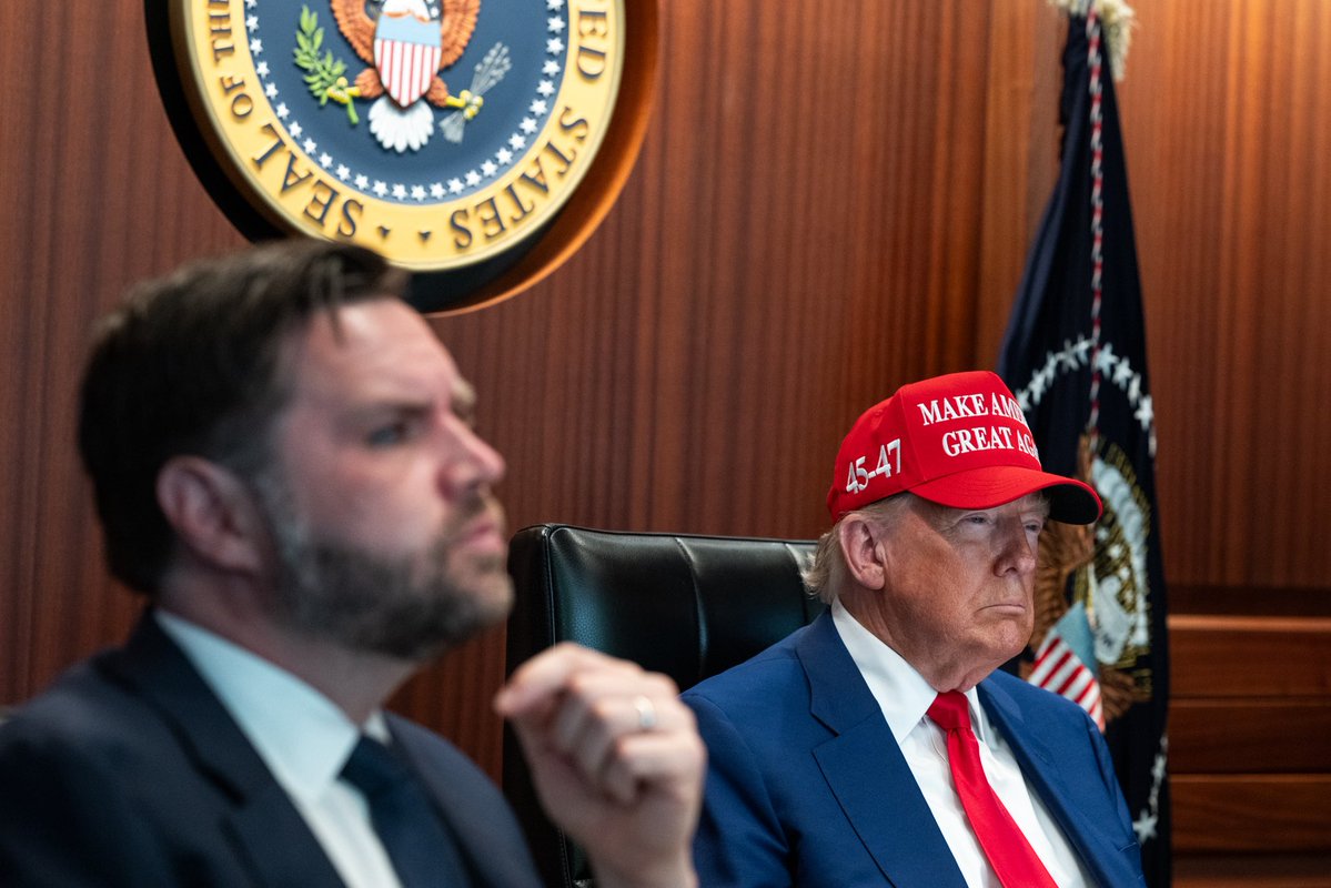 Photos released by the White House showing U.S. President Donald J. Trump and other senior officials, including Vice-President JD Vance, Secretary of State and National Security Advisor Marco Rubio, Secretary of Defense Pete Hegseth, and Chairman of the Joint Chiefs of Staff General Dan Caine, in the Situation Room during tonight’s series of strikes against nuclear facilities inside Iran
