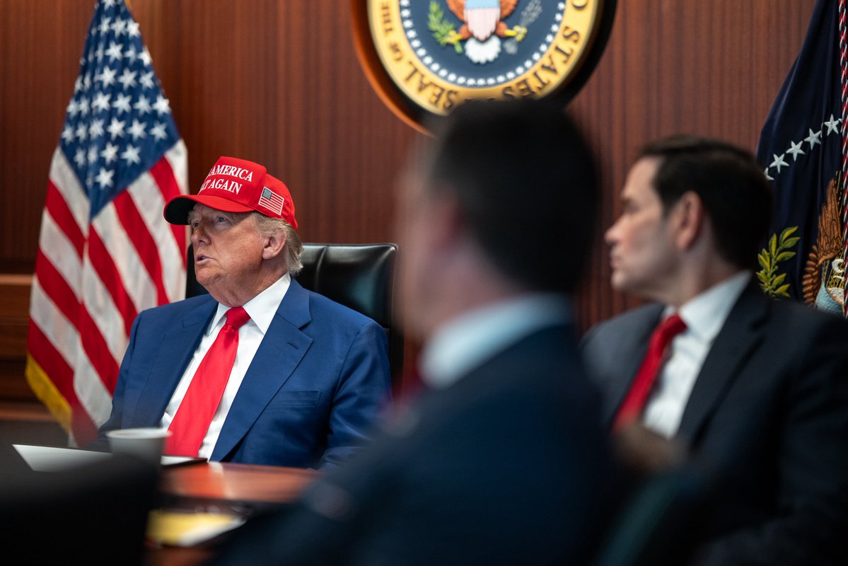 Photos released by the White House showing U.S. President Donald J. Trump and other senior officials, including Vice-President JD Vance, Secretary of State and National Security Advisor Marco Rubio, Secretary of Defense Pete Hegseth, and Chairman of the Joint Chiefs of Staff General Dan Caine, in the Situation Room during tonight’s series of strikes against nuclear facilities inside Iran
