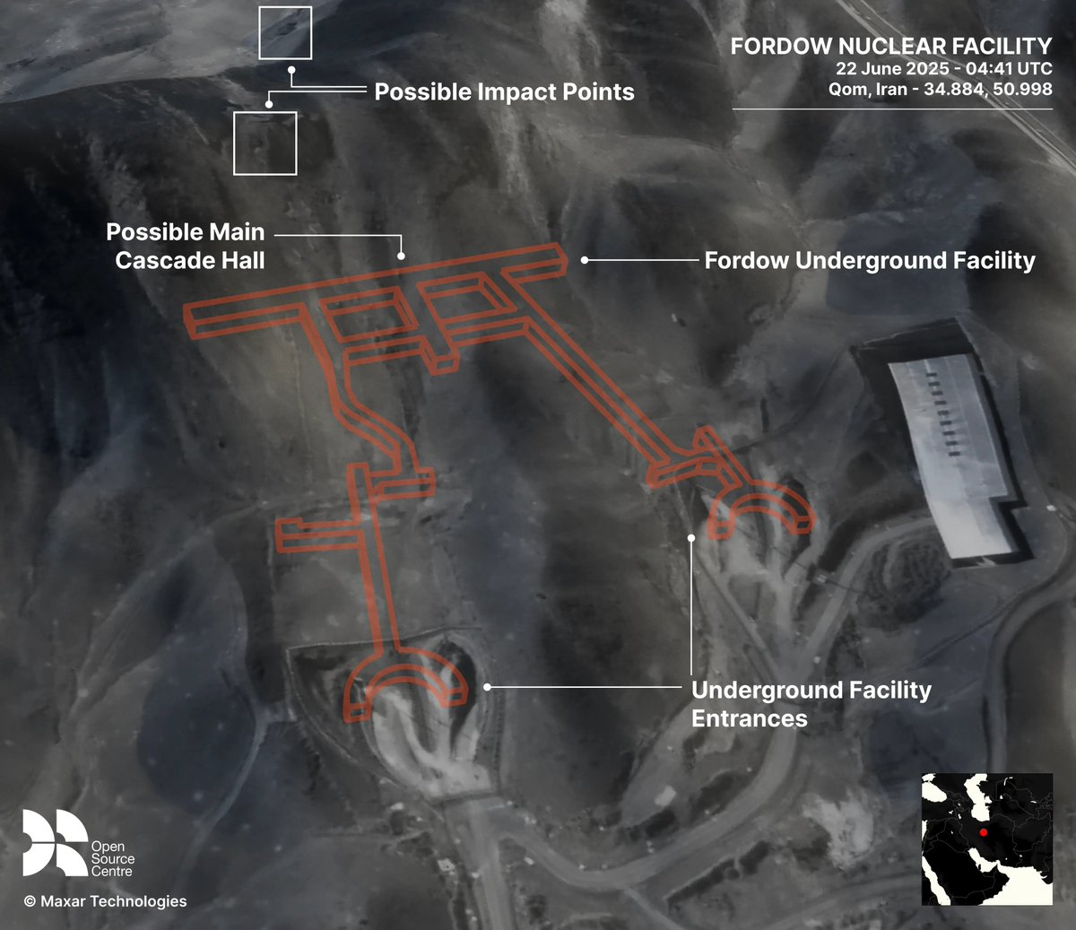 The Open Source Centre created a topographical and 3D model of the facility, layering imagery from 22 June 2025. Using this, we can see where the strikes hit the Fordow facility, likely targeting the cascade hall buried underneath the GBU-57A/B MOP entry points