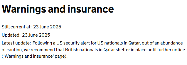 The British government has instructed UK citizens in Qatar to shelter in place until further notice