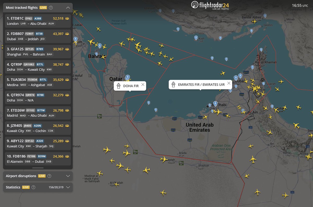 16:55 UTC: Qatar airspace - closed; UAE airspace - closed