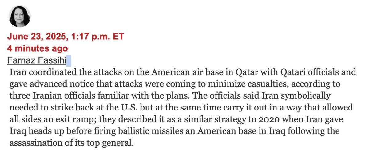Iran coordinated the attacks on the American air base in Qatar with Qatari officials and gave advanced notice that attacks were coming to minimize casualties, according to three Iranian officials familiar with the plans, - New York Times