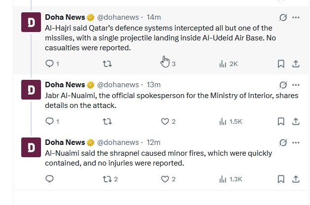 Qatar government: one missile landed inside Al-Udeid Air Base, also missile shrapnel caused minor fires which were quickly contained