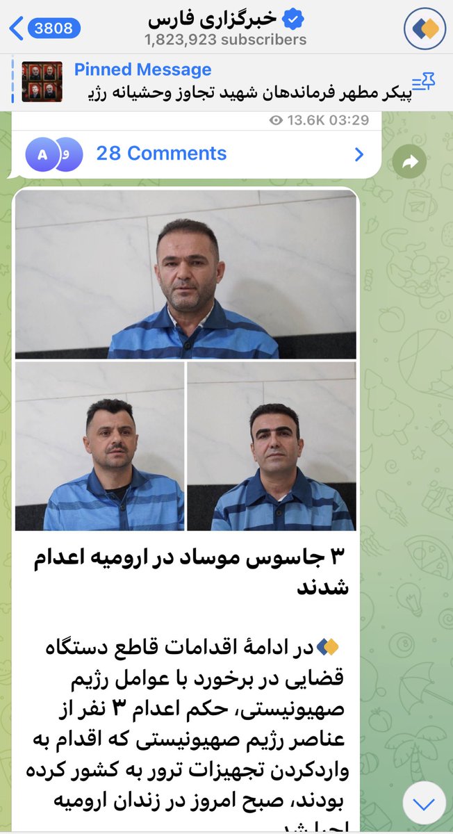 Three men were executed this morning in Urmia city on spying charges for Israel