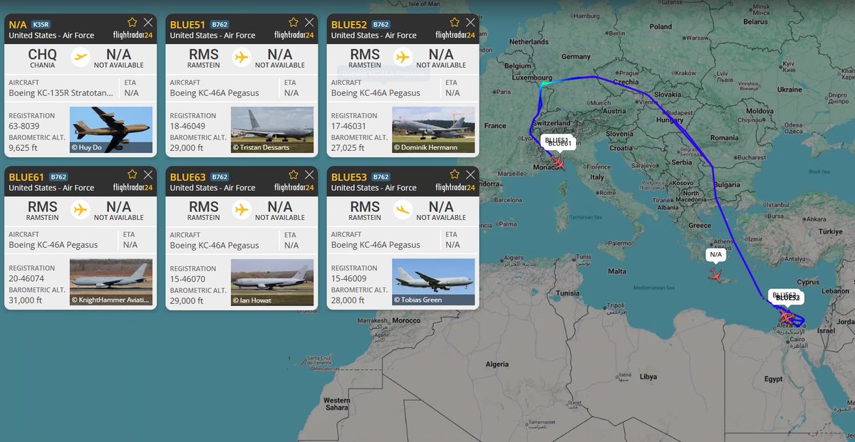 Multiple U.S. Air Force KC-135 and KC-46 Aerial-Refueling Tankers are currently heading towards the Middle East, with a number currently orbiting just outside of Egyptian Airspace, possibly waiting to ferry fighters back to bases in Europe and the United States or ferrying aircraft back that were evacuated due to the missile threat posed by Iran