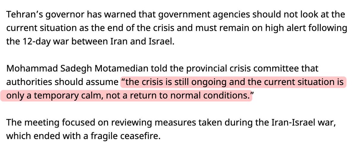 Tehran Governor Warns Crisis Not Over After 12-Day Iran-Israel War