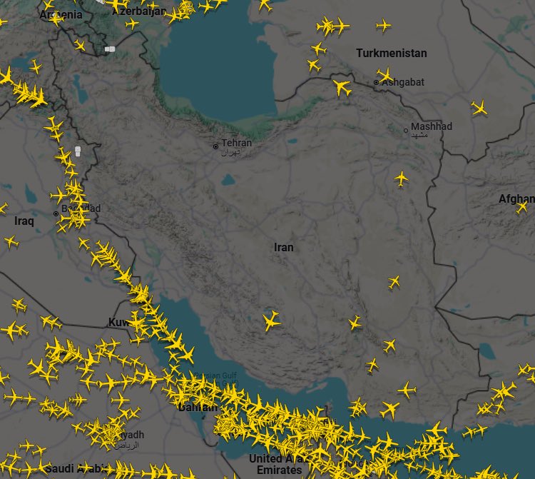 The Civil Aviation Authority of Islamic Republic of Iran has announced the closure of its airspace over Western and Central Iran through at least Friday, with a majority of international and domestic flights having been canceled at both Imam Khomeini International Airport and Mehrabad International Airport in the capital of Tehran