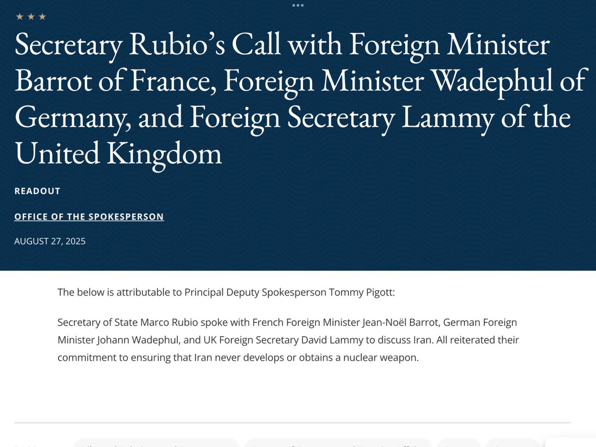 Rubio call with E3 counterparts on Iran/snapback, after E3 Iran diplomats met yesterday. nn