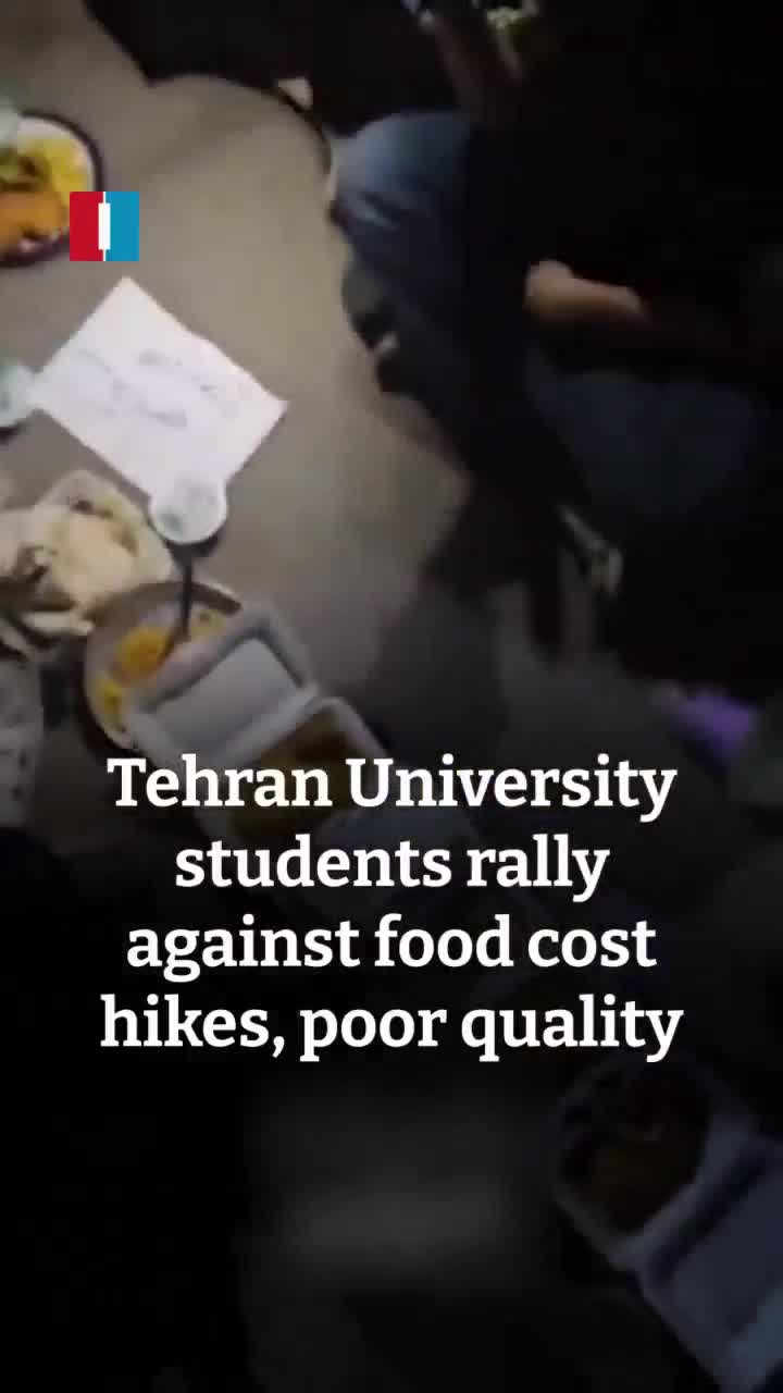 Video shows Tehran University students staging a protest at Chamran dormitory on Saturday night, placing their food trays on the ground in anger over a 47% price hike and poor quality meals, according to footage shared by Amir Kabir Telegram channel
