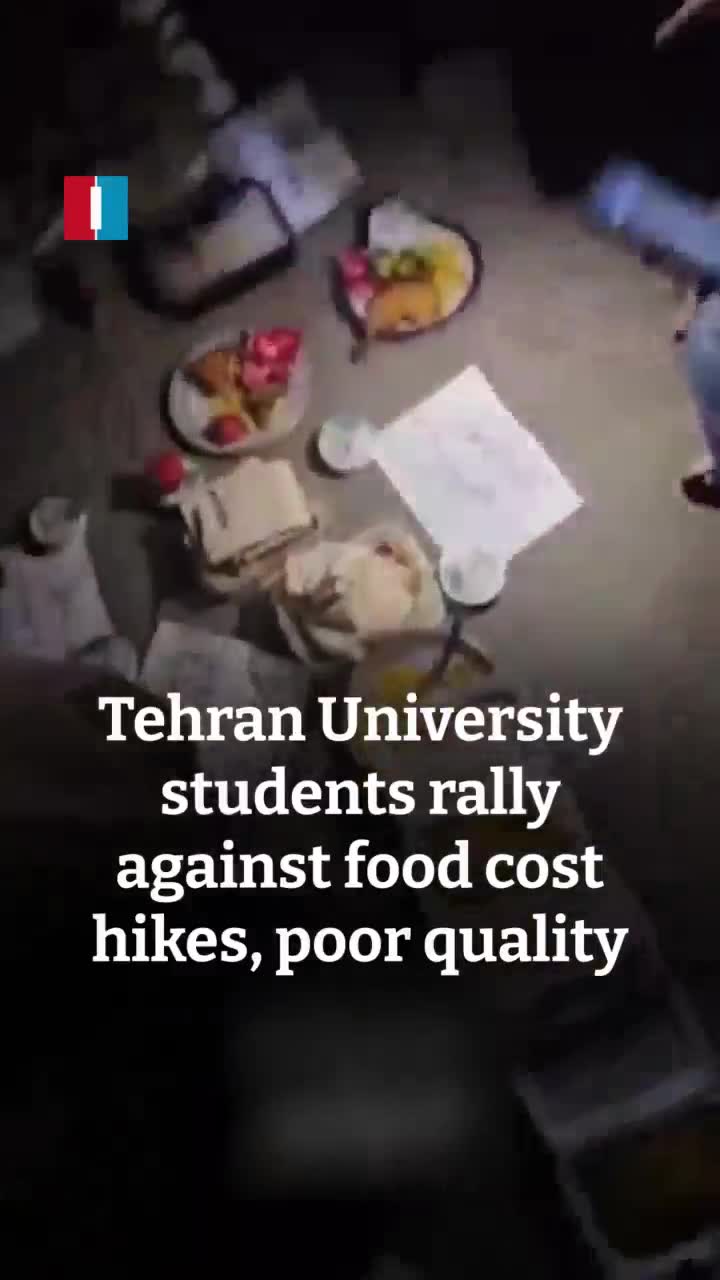 Video shows Tehran University students staging a protest at Chamran dormitory on Saturday night, placing their food trays on the ground in anger over a 47% price hike and poor quality meals, according to footage shared by Amir Kabir Telegram channel