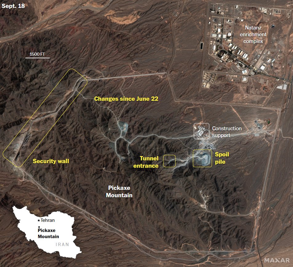 After US and Israeli airstrikes in June destroyed much of Iran’s nuclear infrastructure, satellite images show Tehran expanding construction at the secretive “Pickaxe Mountain” site near Natanz.