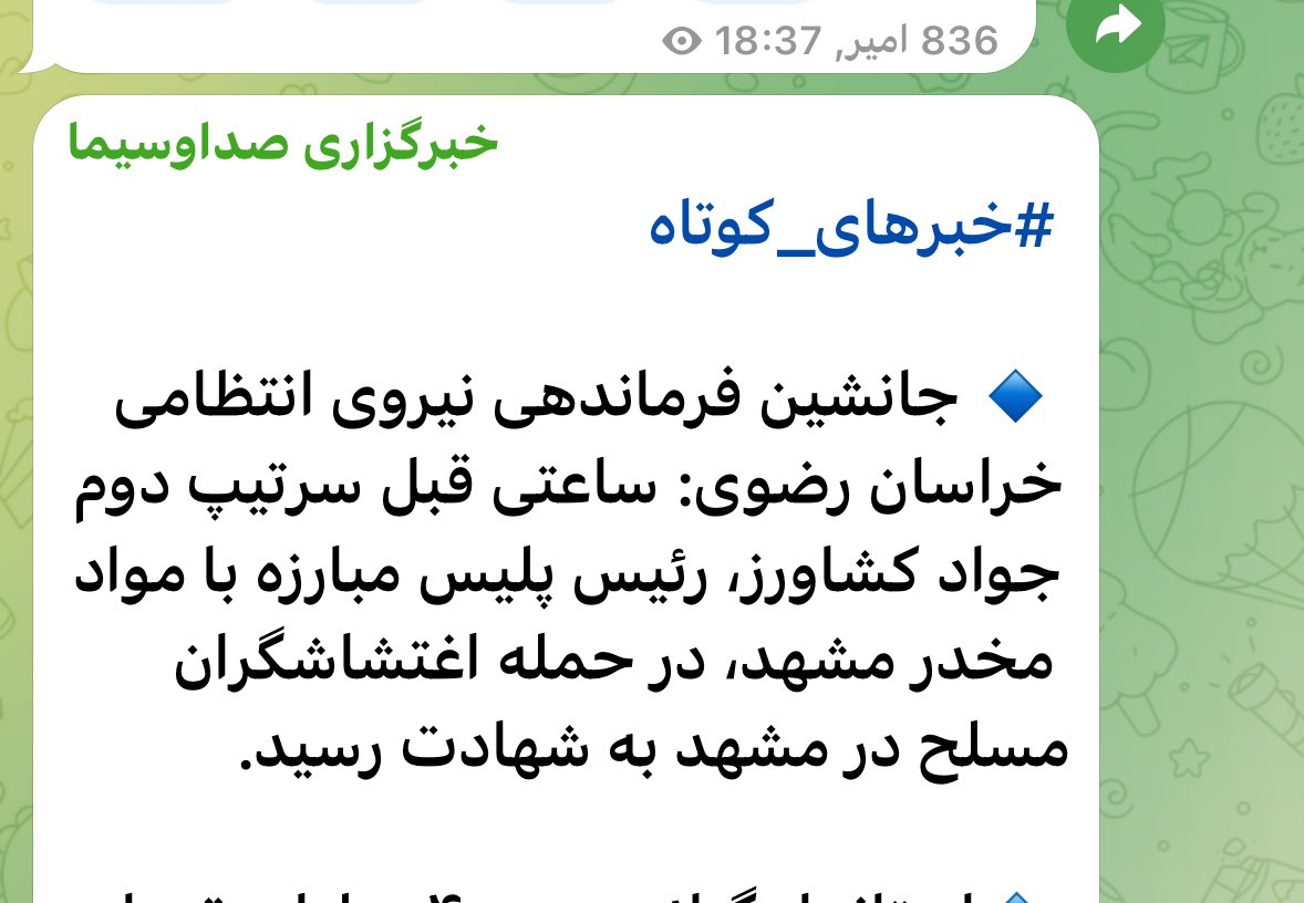 Brigadier General Javad Keshavarz was killed this evening in Mashhad city in clashes with porters in- state tv