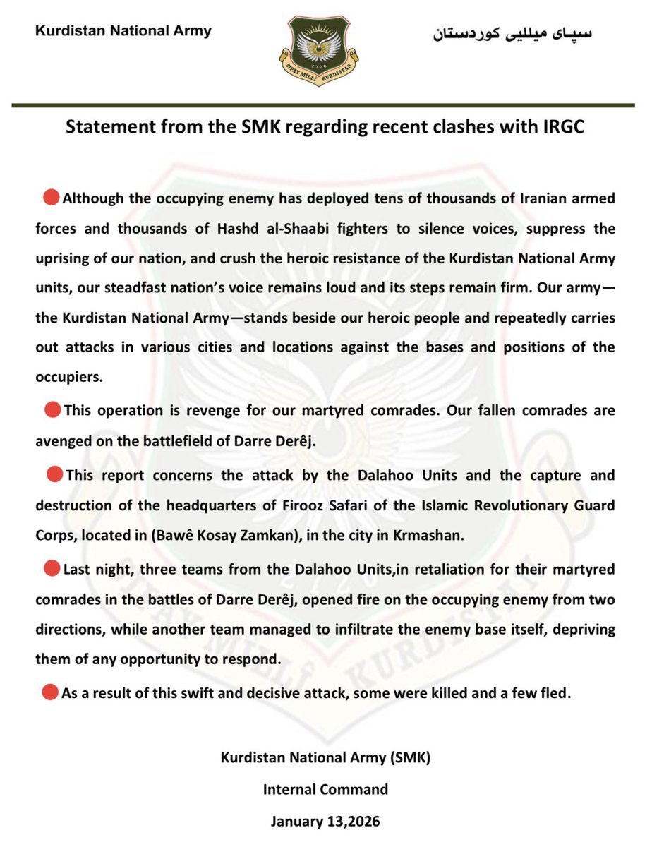 Kurdistan Freedom Party claims to have overrun an IRGC headquarters in Kermanshah and assaulting a base just outside the city at Dareh Daraz. They also now are claiming that Iraqi fighters are present in the Kurdistan region of Iran