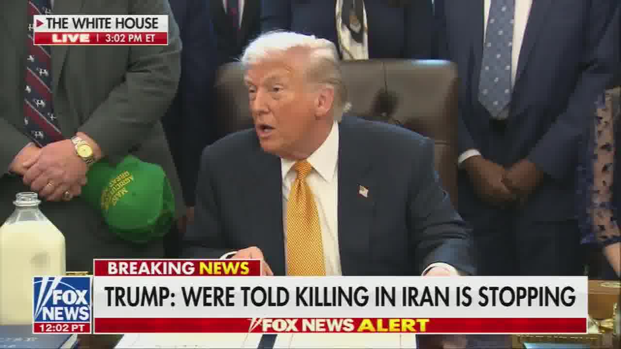 Trump says he has been told that killing in Iran has stopped and there would be no executions. “I've been told that on good authority” he says and if they occur “we would be upset”