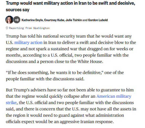 شبكة إن بي سي نيوز: أبلغ ترامب فريقه للأمن القومي أنه يريد أن يوجه أي عمل عسكري أمريكي في إيران ضربة سريعة وحاسمة للنظام، وألا يشعل حرباً طويلة الأمد تمتد لأسابيع أو شهور. لكن مستشاري ترامب لم يتمكنوا حتى  من ضمان انهيار النظام بسرعة بعد ضربة عسكرية أمريكية.