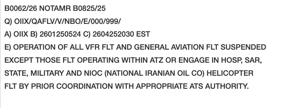 Iran suspends all VFR flights nationwide for 3 months, according to a new NOTAM. These are flights that rely on visual navigation