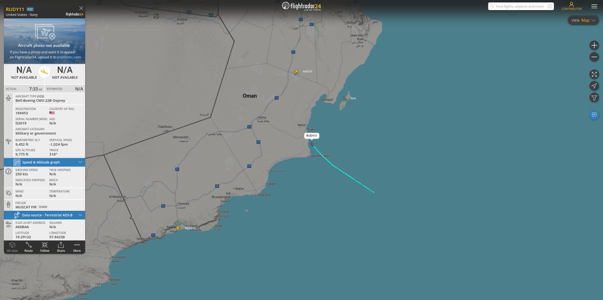 Based on the track of US Navy CMV-22B from the USS Abraham Lincoln at ~0800z this morning, the carrier strike group is very close to being within striking distance of Iran