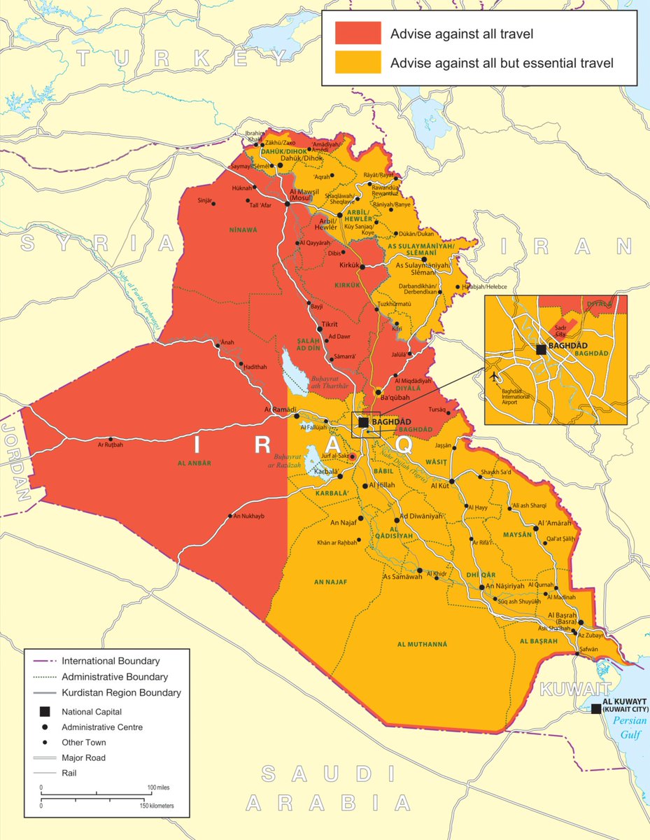 The UK advises against travel to some areas of Iraq, including parts within 5km of the borders with Iran, Saudi Arabia, Kuwait, and Turkey