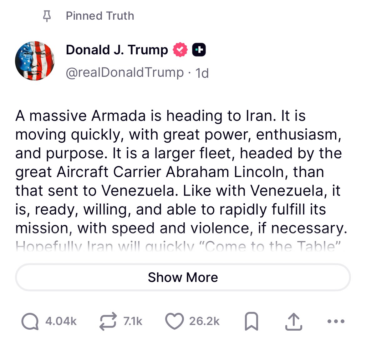 Trump has pinned his Truth Social post where he stated that time is running out for the Iranian regime
