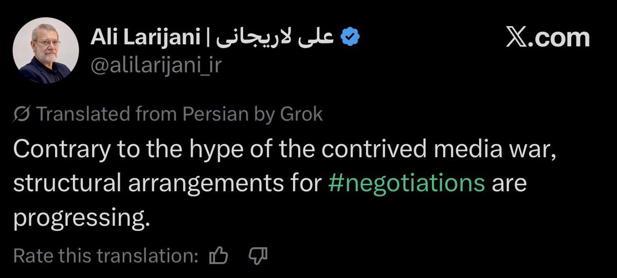 Ali Larijani, Secretary of the Supreme National Security Council of Iran, states that despite media reports structural arrangements for negotiations are progressing between Iran and the United States