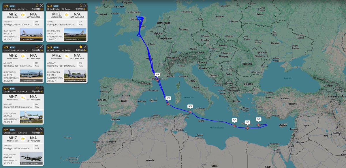 6 U.S. Air Force KC-135R/T Stratotankers departed the UK earlier to support the movement of 18 U.S. Air Force F-35A Lightning IIs of the 48th Fighter Wing from RAF Lakenheath across Europe towards the Middle East