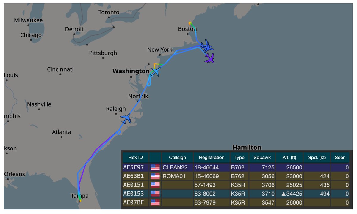 USAF United States Air Force - Middle East Activity (Coronet): 17 February - 1129z. There are currently 36x F-16s and 12x F-22s on the move, or about to depart towards the Middle East. 12x F-16s each from Aviano and Spangdahlem in Europe, and 12x from McEntire Joint National Guard Base. F-22 Raptors as TREND 51 flight have departed Langley Air Force Base with ROMA tankers on Coronet East 033