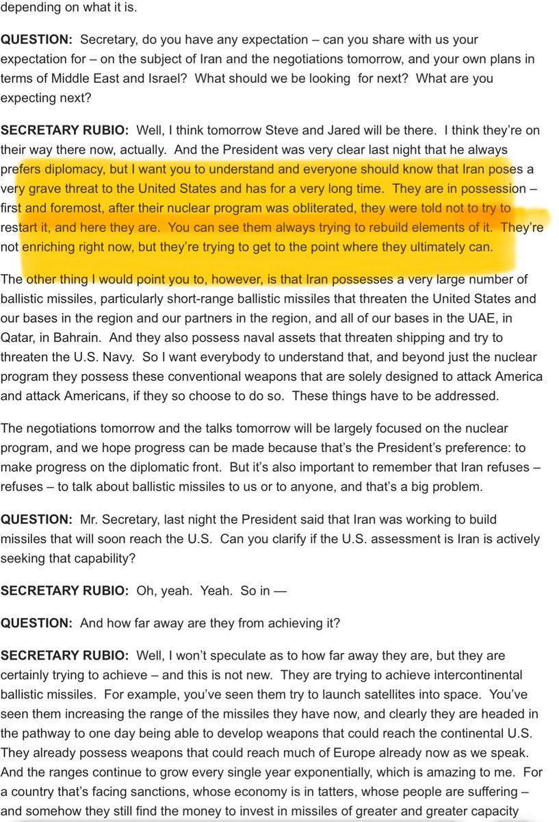 Secretary Rubio said Iran is *not* enriching uranium right now. That seems to contradict the description of Iran's nuclear program made on Fox over the weekend by US envoy Witkoff