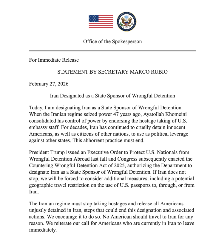 Iran designated as a State Sponsor of Wrongful Detention