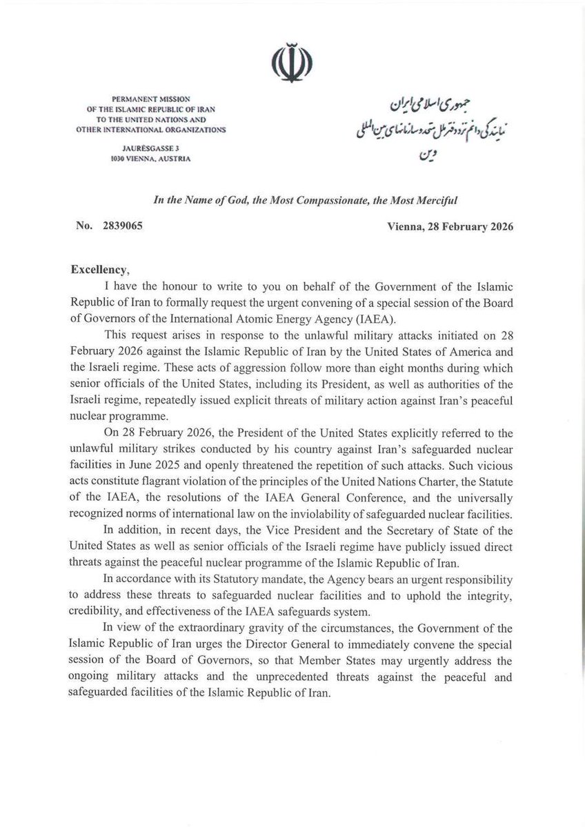 Iran has officially requested an urgent extraordinary meeting of the IAEA Board of Governors. The request cites baseless claims and illegal actions by the US and Israel against Iran's nuclear facilities that require immediate consideration