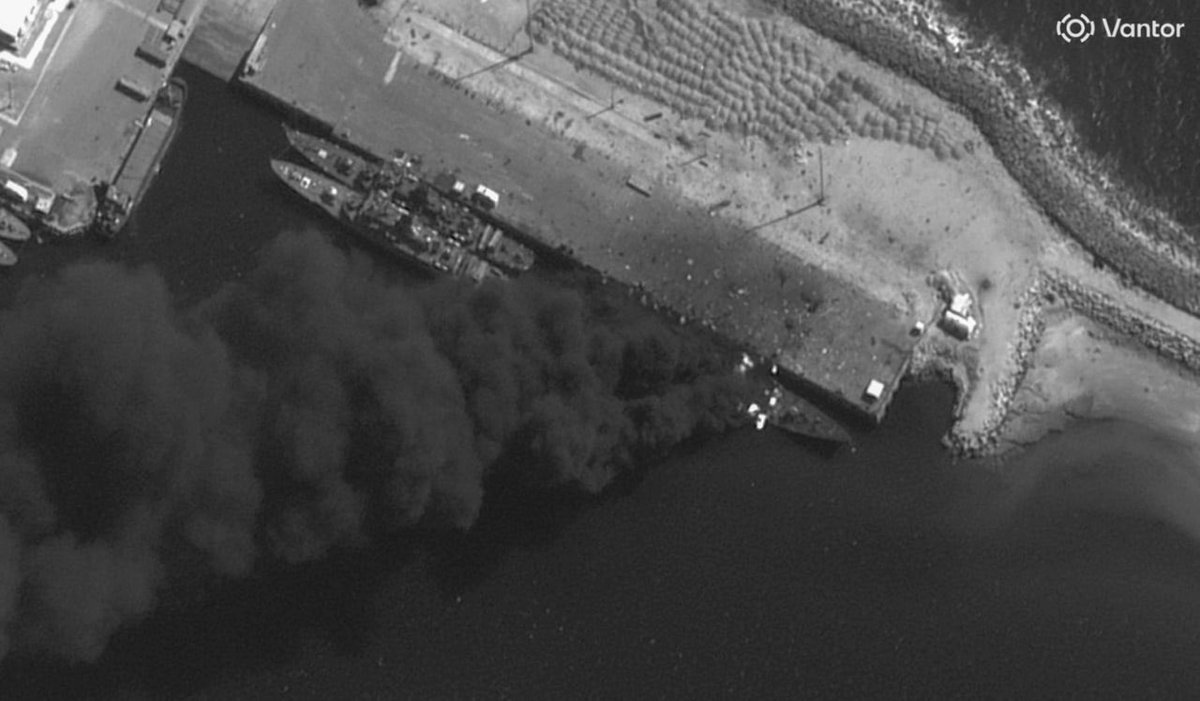 Satellite imagery from the Iranian port city of Konarak, located on the Gulf of Oman near the border with Pakistan, shows a large fire onboard and smoke pouring from a pierside vessel, possibly a warship with the Iranian Navy. Image credit: @vantortech