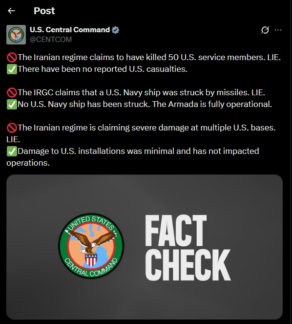 CENTCOM: There have been no reported U.S. casualties. No U.S. Navy ship has been struck. The Armada is fully operational. Damage to U.S. installations was minimal and has not impacted operations
