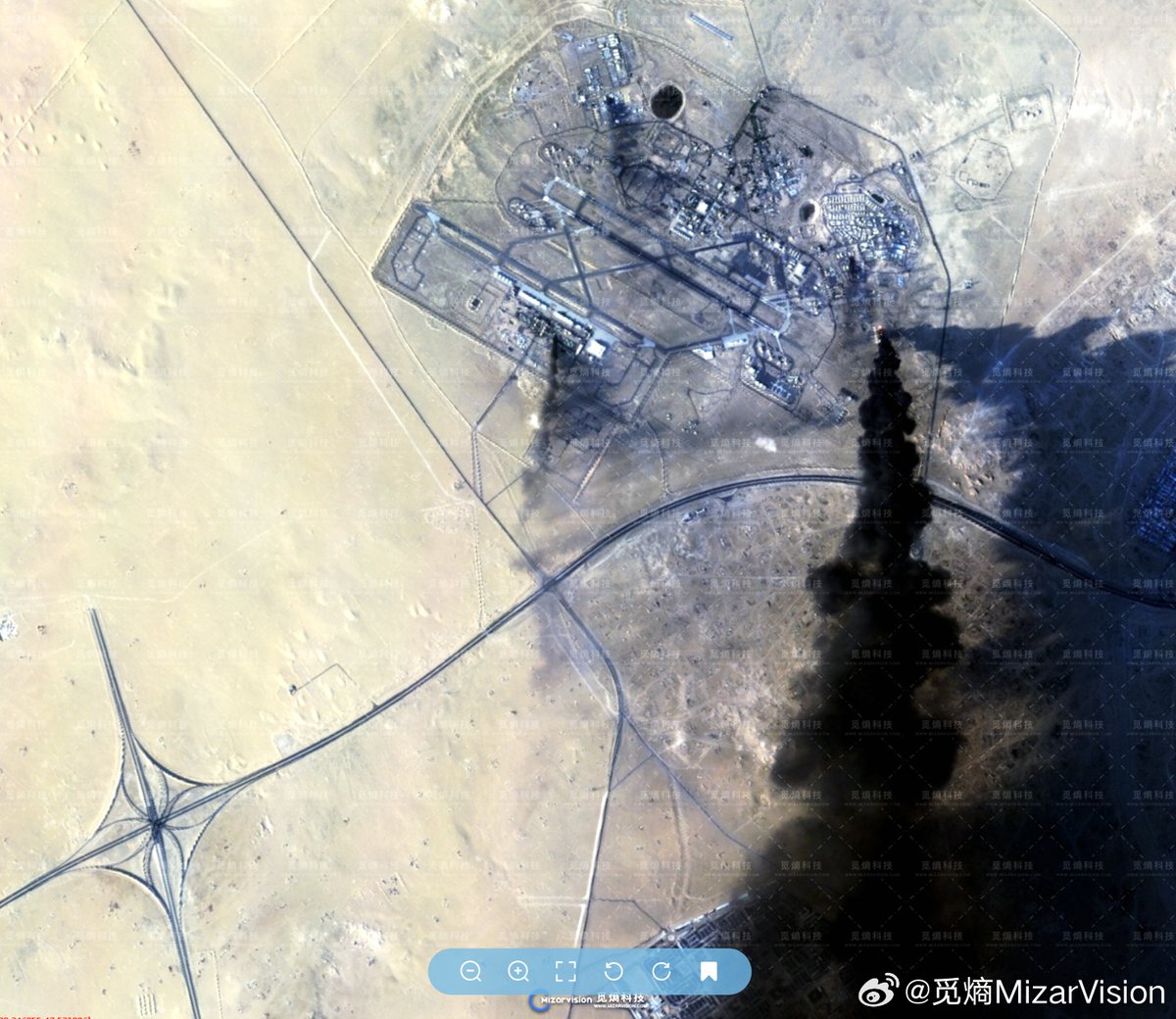 Imagery from Chinese imagery analysis company MizarVision shows Ali Al Salem Air Base, Kuwait from earlier today with at least three plumes of black smoke visible, with one emanating from a large building south of the airfield and 2 other areas that appear to be industrial or storage
