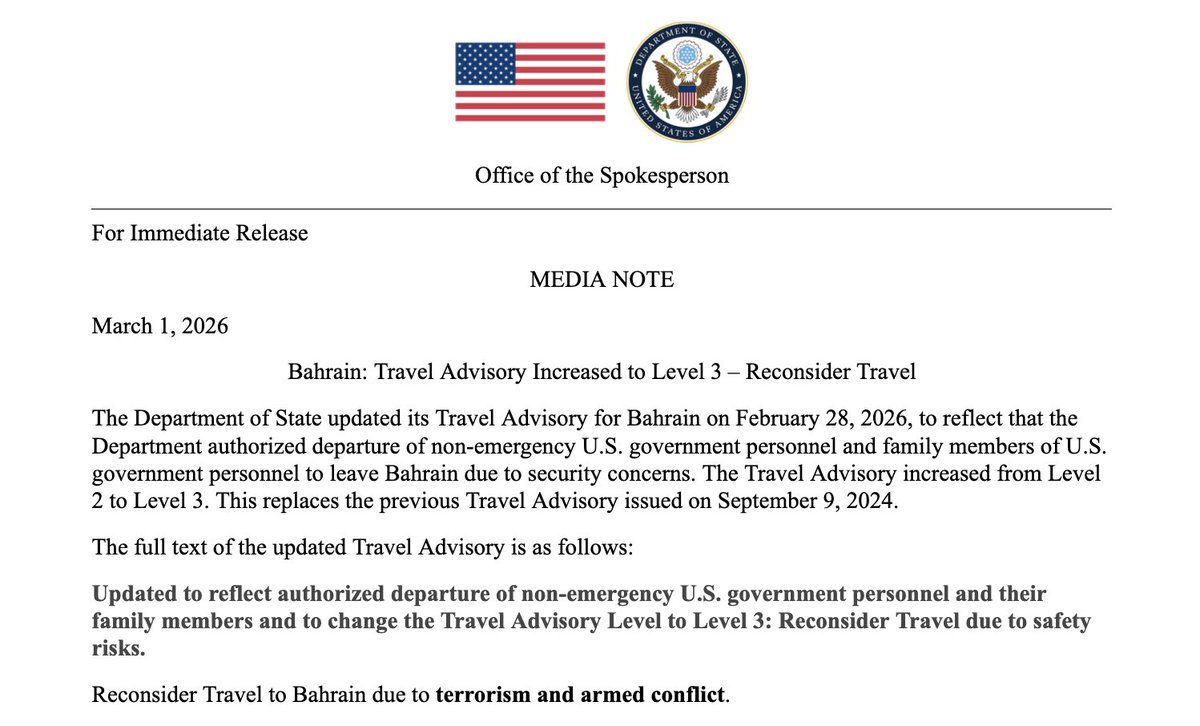 U.S. orders families of diplomats to leave Bahrain as travel warning raised. State Department upgrades advisory to ‘Level 3’ and warns of missile threats following outbreak of hostilities with Iran