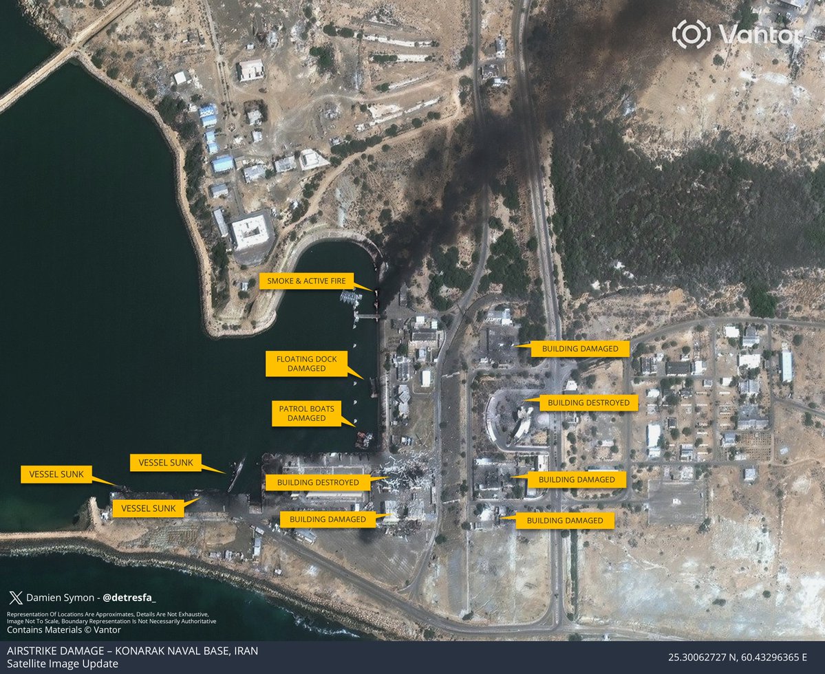 Vantor imagery shows airstrike related damage at Konarak Naval Base, Iran, where at least three surface ships have sunk & numerous buildings are damaged or destroyed
