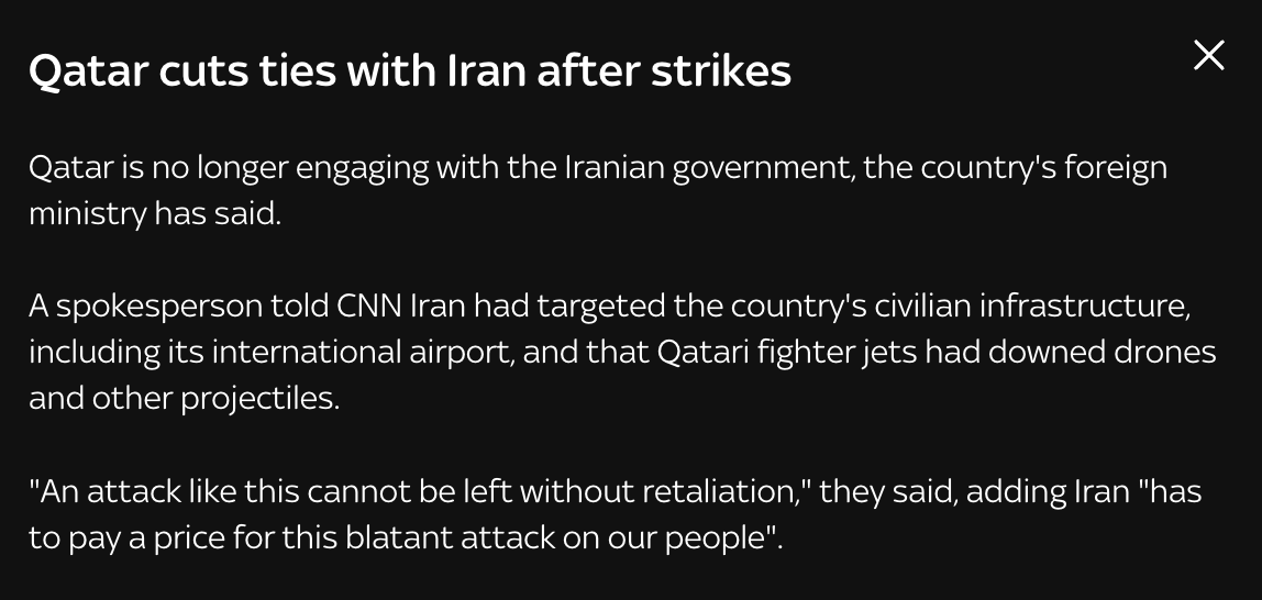 Qatar is no longer engaging with the Iranian government, with Qatar's Foreign Minister saying that Iran's attacks can't be left without a retaliation and that they must pay a price for its attacks against the country