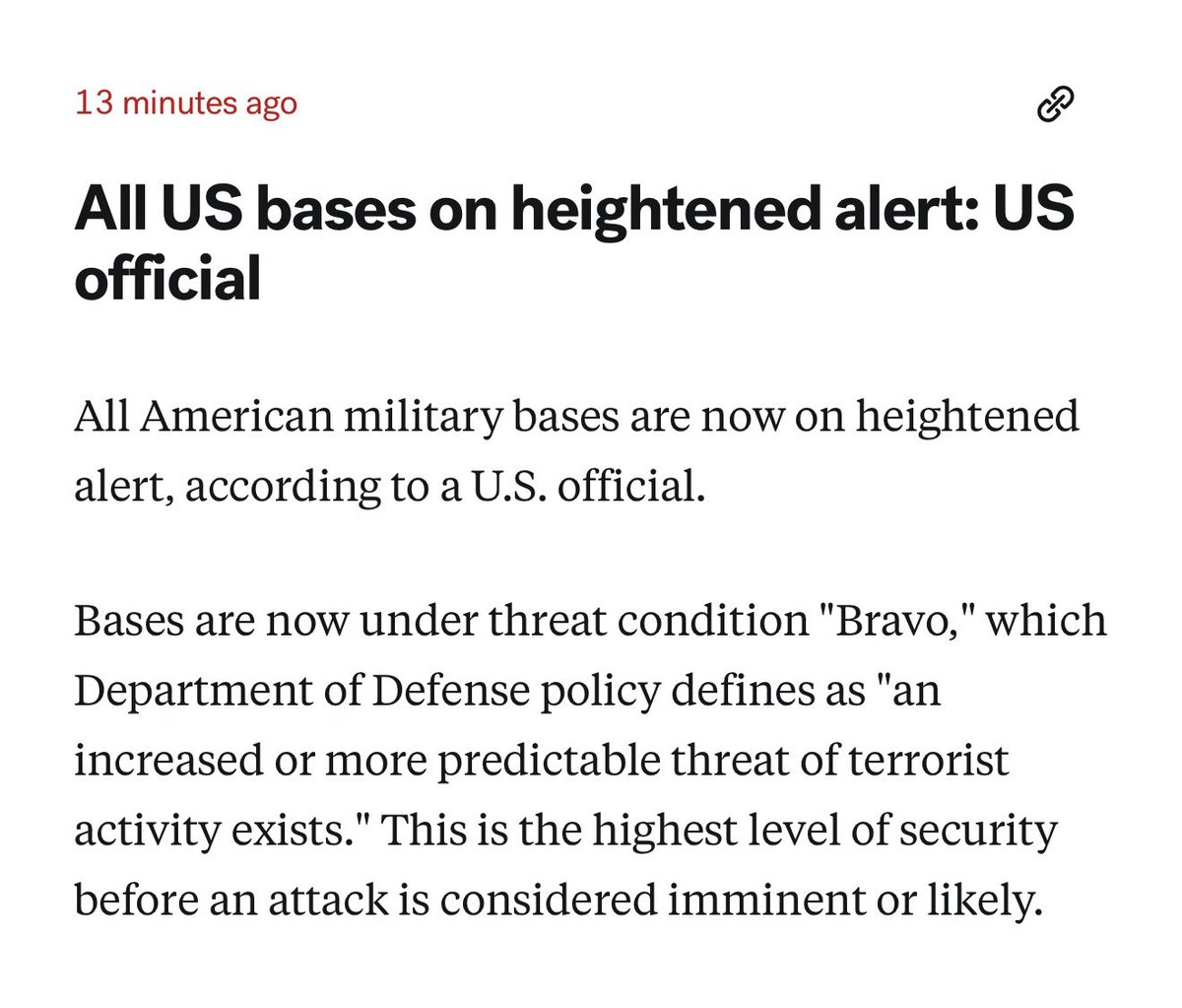 All American military bases are now on heightened alert, according to a U.S. official who spoke to ABC News. nnBases worldwide are now at Force Protection Condition Bravo (FPCON Bravo), which Department of Defense policy defines as “an increased or more predictable threat of terrorist activity exists.” This is the highest level of security before an attack is considered imminent or likely, indicated by FPCON Charlie