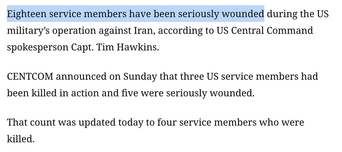 4 killed and 18 US soldiers seriously wounded since the start of the campaign against Iran, according to a US Central Command spokesperson - CNN