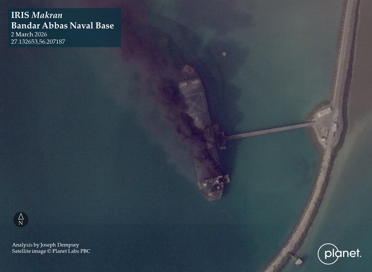 INS Makran, a former oil tanker converted into an Expeditionary Mobile Base (ESB), indicated damaged in strikes at Bandar Abbas naval base, Iran.