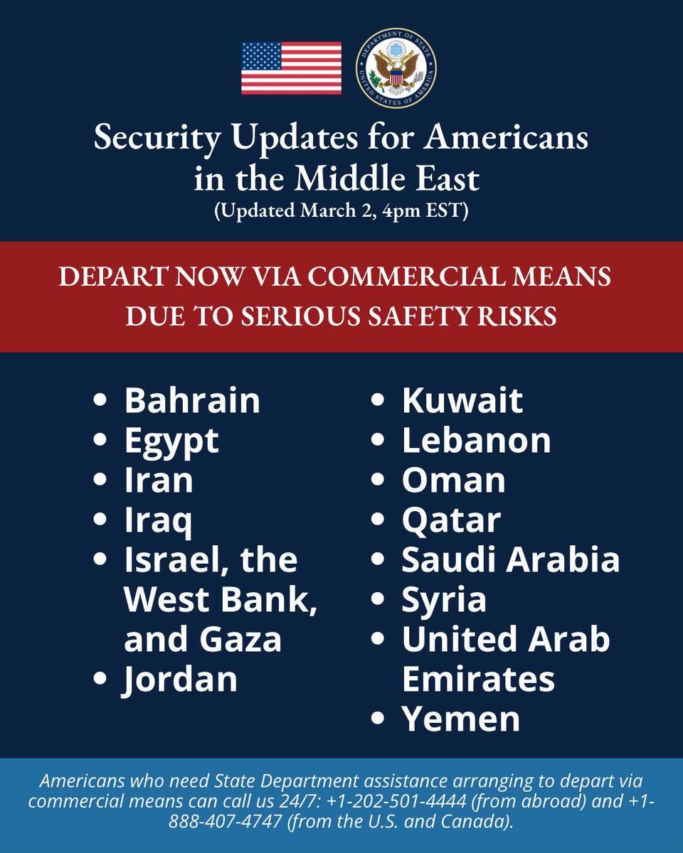 The @SecRubio @StateDept urges Americans to DEPART NOW from the countries below using available commercial transportation, due to serious safety risks. From: Bahrain, Kuwait, Egypt, Lebanon, Iran, Oman, Iraq, Qatar, Israel, the West Bank and Gaza, Saudi Arabia, Syria, United Arab Emirates, Jordan, Yemen