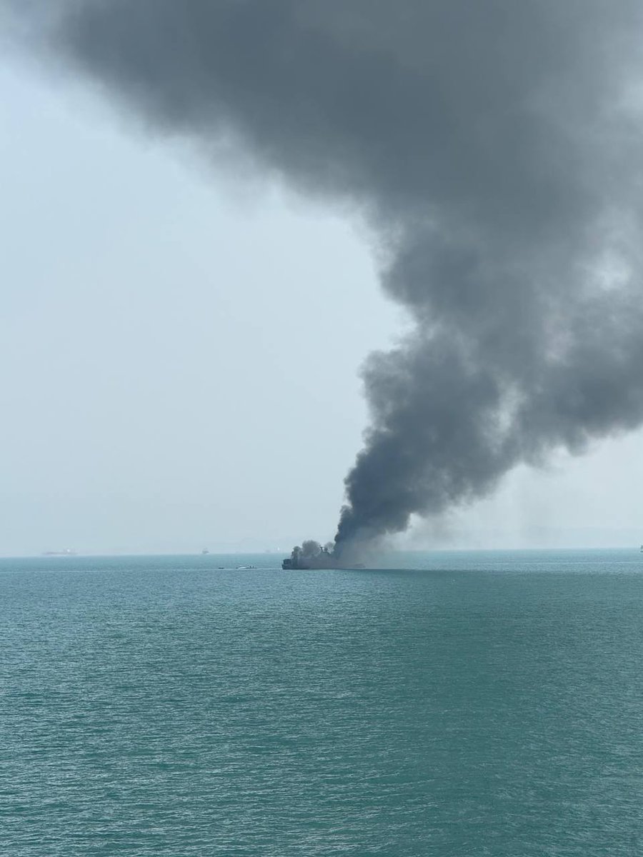 Iranian IRGC Navy Soleimani-class corvette burning off the port of Bandar Abbas today after a U.S./Israeli airstrike