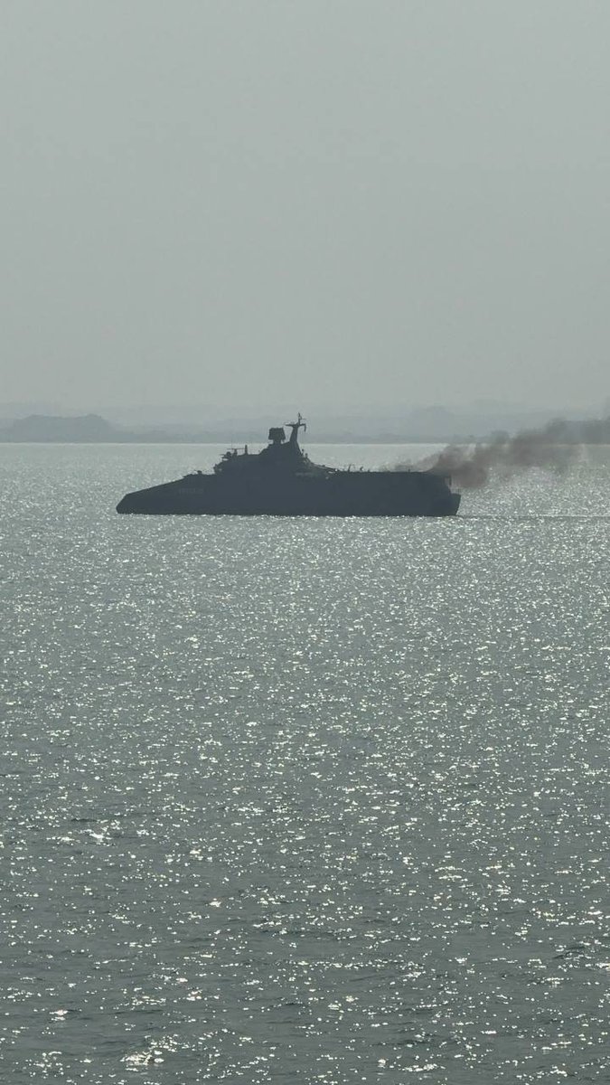 Iranian IRGC Navy Soleimani-class corvette burning off the port of Bandar Abbas today after a U.S./Israeli airstrike