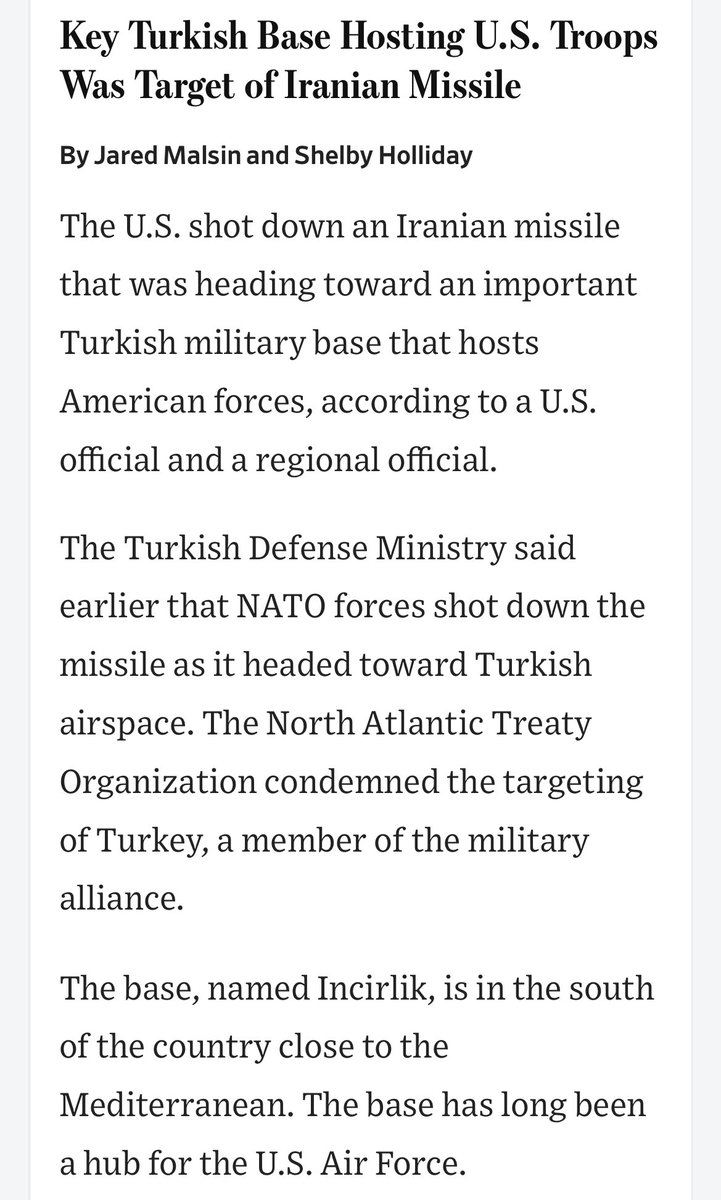 WSJ: Iranian missile was heading towards Turkey’s Incirlik base which hosts US forces. A US navy destroyer shot down the missile
