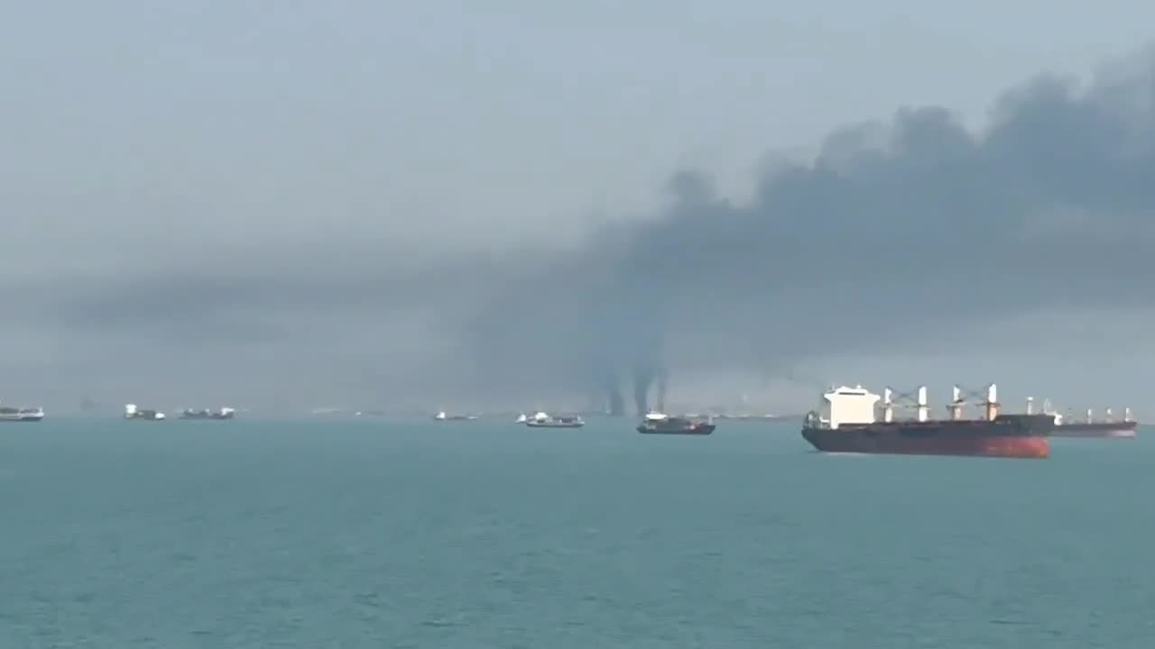 The Iranian Navy’s home port of Bandar Abbas is ablaze this morning, with pillars of smoke rising from the facility after a series of U.S. airstrikes
